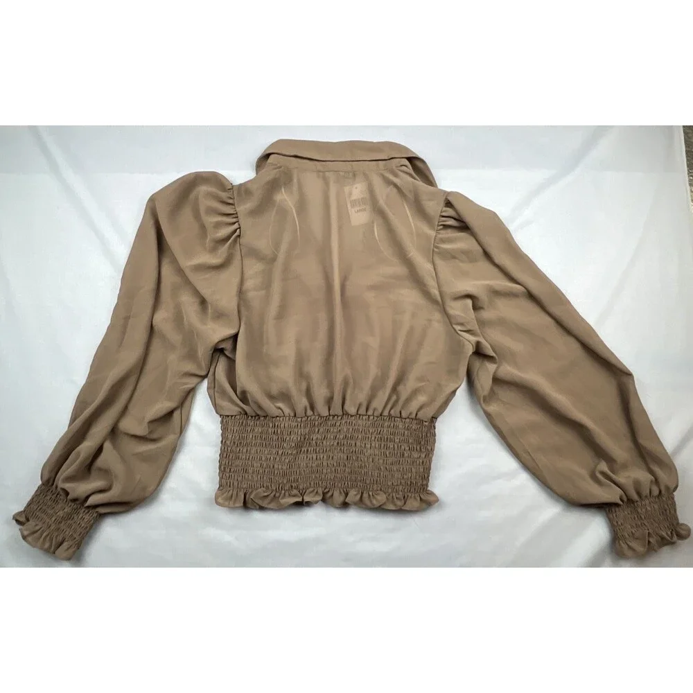 Love Tree Button Up Smocked Waist Puff Sleeve Blouse Large NWT